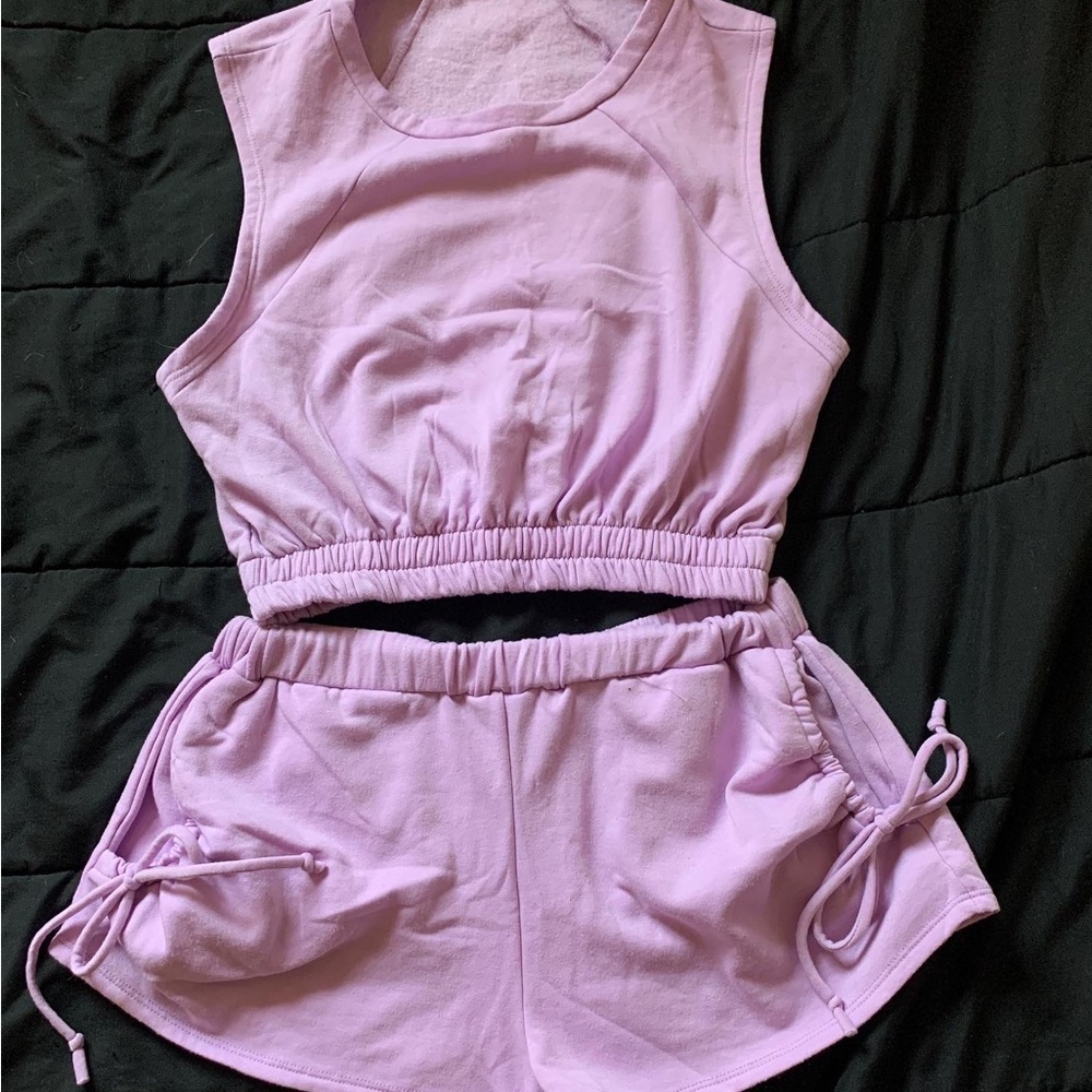 Drawstring Ruched Side Crop Tank Top & Shorts Set - Picture 2 of 2